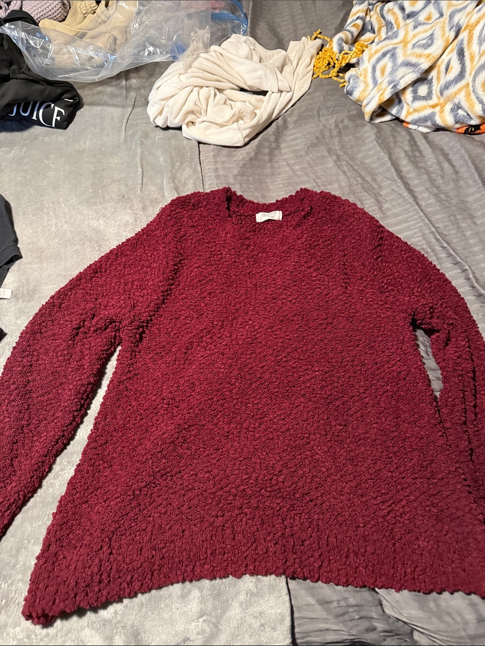 Zenana Outfitters Plush Crewneck Sweater - Burgundy